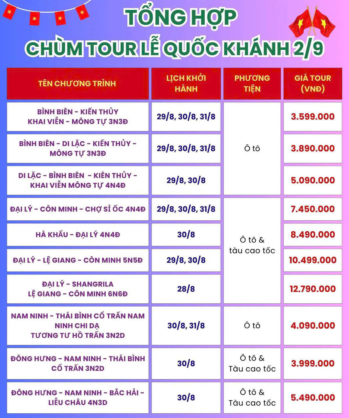 CẬP NHẬP LỊCH KHỞI HÀNH CHÙM TOUR TRUNG QUỐC LỄ QUỐC KHÁNH 2/9